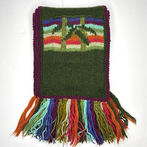 Knit Wool Pocket Scarf Lost Horizons Green Striped Handmade Nepal 9x63 Warm Boho - Picture 7 of 9